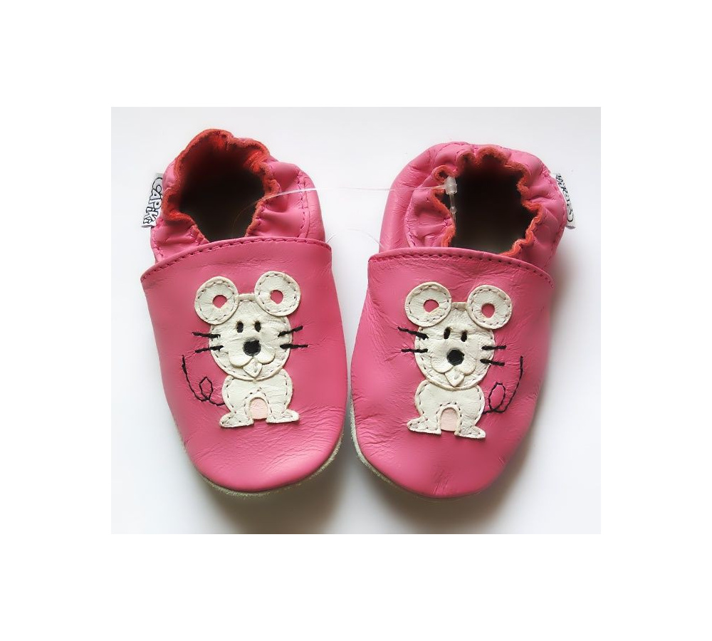 Kožené capačky Capiki - ružové s myškou