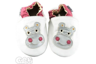 Capiki - kožené capačky - biele hrošíky