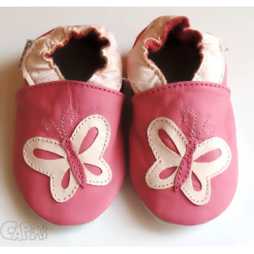 Kožené capačky Capiki - ružové s motýlikom