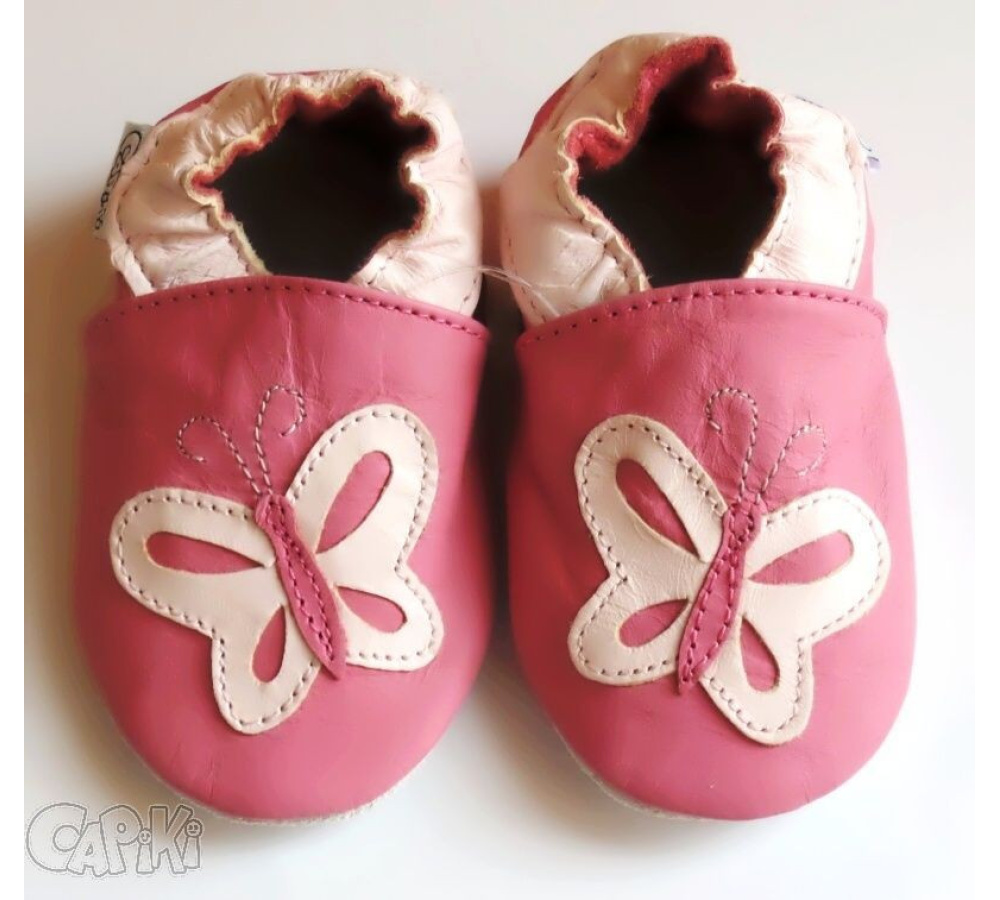 Kožené capačky Capiki - ružové s motýlikom