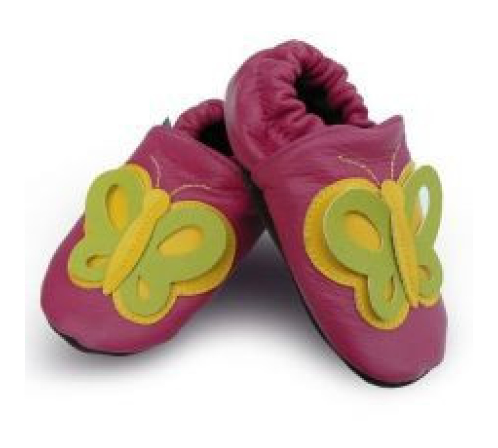 Kožené capačky Afelo zeleno/žltý motýľ - ružové