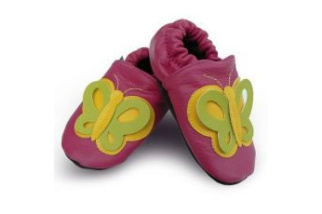 Kožené capačky Afelo zeleno/žltý motýľ - ružové