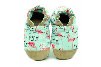 EcoTuptusie Cotton - textilné capačky s koženou podošvou - plameniak