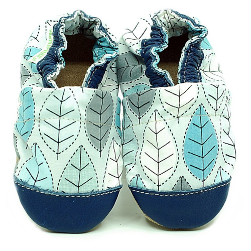 EcoTuptusie Cotton - textilné capačky s koženou podošvou - modré listy