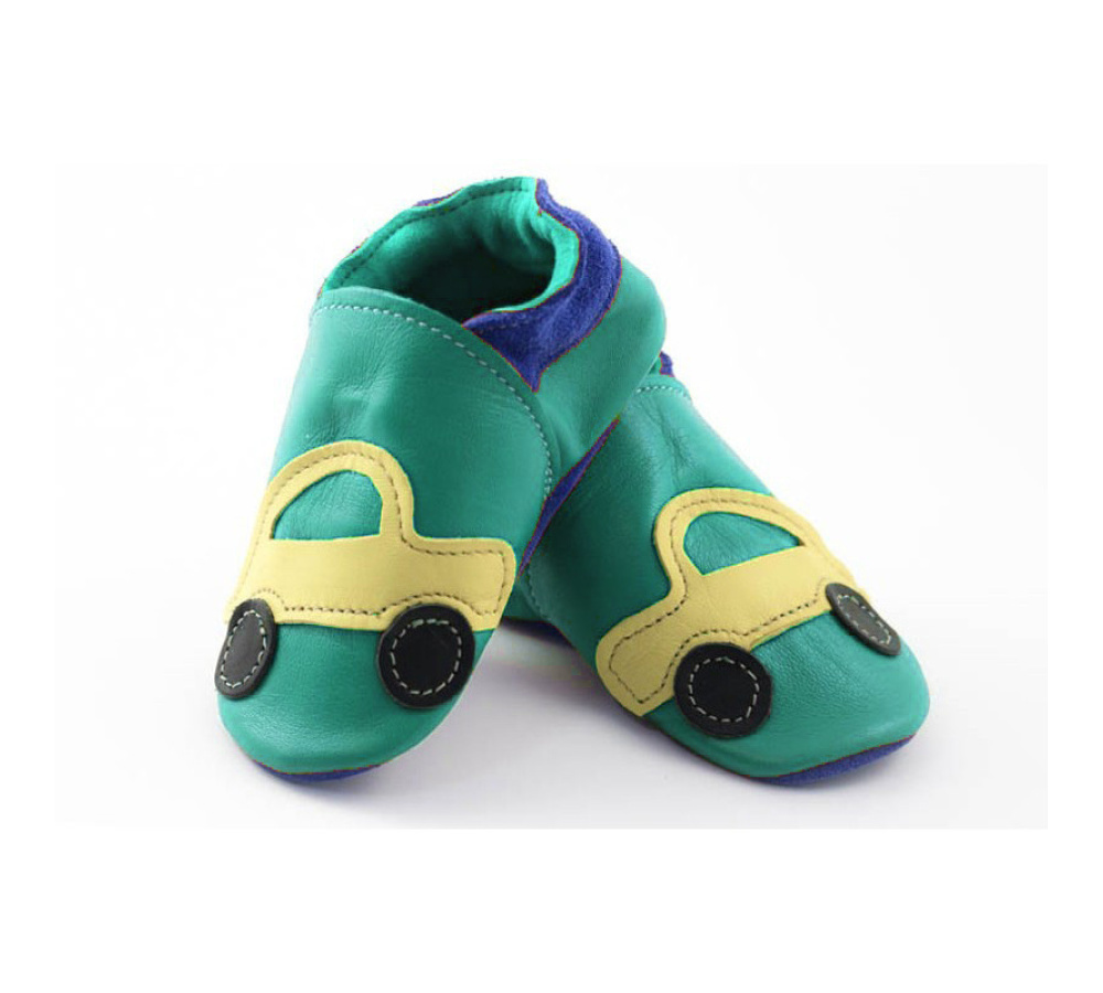 Kožené capačky Tomar  žlté autíčko - tyrkysové