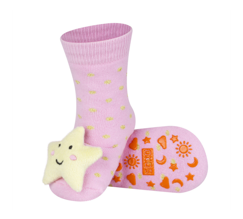 Detské protišmykové ponožky s hrkálkou - ružové s hviezdičkou