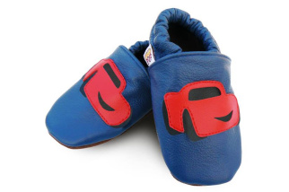 Kožené capačky Afelo - modré s červeným autíčkom