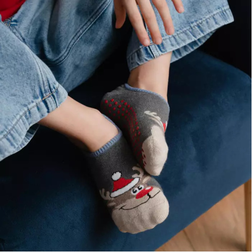 Detské vianočné protišmykové ponožky so sobom - sivé