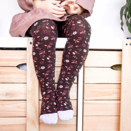 Bavlnené pančuchy pre deti - hnedé s kvietkom