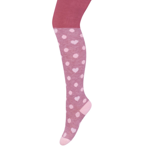 Dievčenské bavlnené pančuchy - tmavoružové s bodkami a srdiečkami