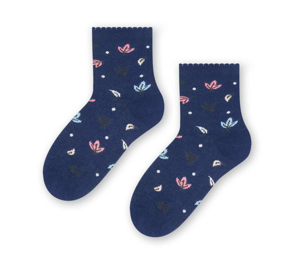 Bavlnené dievčenské ponožky s lístkami - tmavomodré