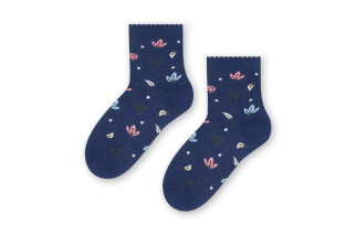 Bavlnené dievčenské ponožky s lístkami - tmavomodré