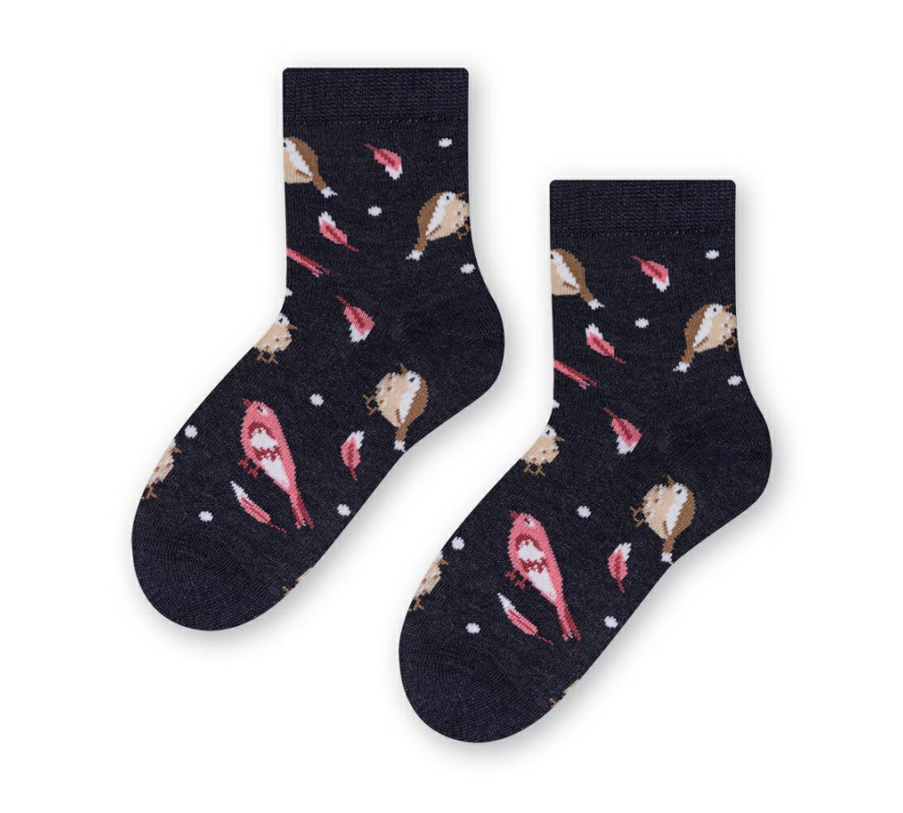 Bavlnené dievčenské ponožky s vtáčikmi - čierne