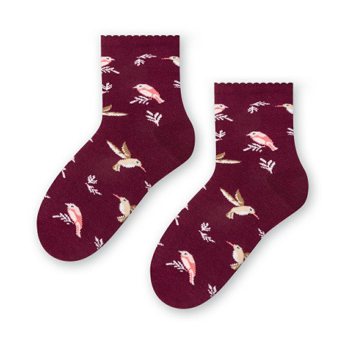 Bavlnené dievčenské ponožky s vtáčikmi - bordové