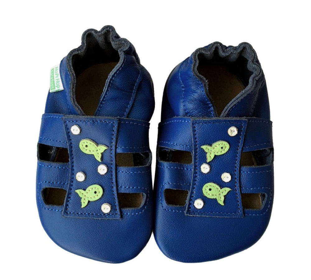 Kožené capačky Hopi Hop rybičky - modré 