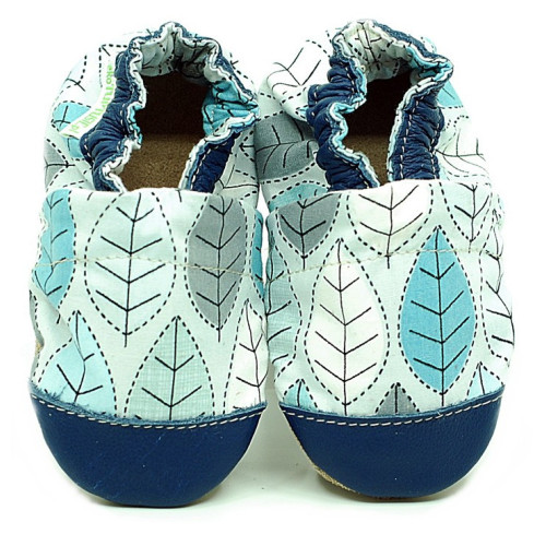 EcoTuptusie Cotton - textilné capačky s koženou podošvou - modré listy